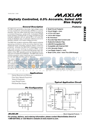 MAX1932 datasheet - Digitally Controlled, 0.5% Accurate, Safest APD Bias Supply