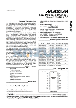 MAX192BCPP datasheet - Low-Power, 8-Channel, Serial 10-Bit ADC