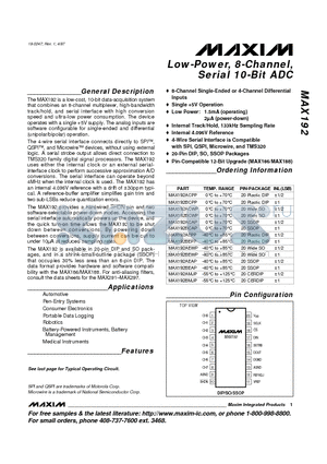 MAX192BEPP datasheet - Low-Power, 8-Channel, Serial 10-Bit ADC