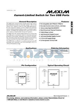 MAX1930 datasheet - Current-Limited Switch for Two USB Ports