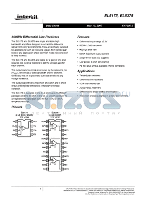 EL5175ISZ-T7 datasheet - 550MHz Differential Line Receivers