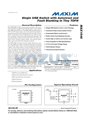 MAX1946_10 datasheet - Single USB Switch with Autoreset and Fault Blanking in Tiny TDFN