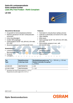 LD242-3 datasheet - GaAs-IR-Lumineszenzdiode GaAs Infrared Emitter Lead (Pb) Free Product - RoHS Compliant