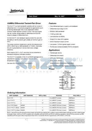 EL5177IY-T13 datasheet - 550MHz Differential Twisted-Pair Driver