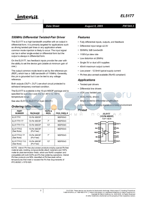 EL5177IYZ-T7 datasheet - 550MHz Differential Twisted-Pair Driver