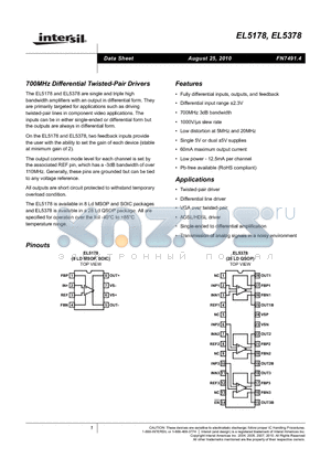 EL5178 datasheet - 700MHz Differential Twisted-Pair Drivers