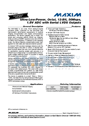 MAX19527 datasheet - Ultra-Low-Power, Octal, 12-Bit, 50Msps, 1.8V ADC with Serial LVDS Outputs