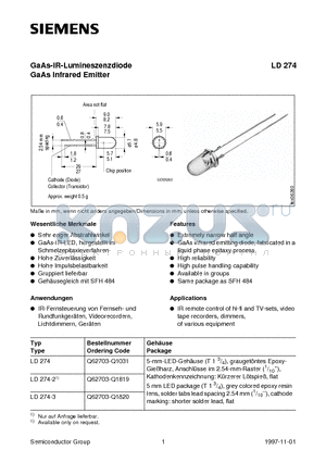 LD274 datasheet - GaAs-IR-Lumineszenzdiode GaAs Infrared Emitter