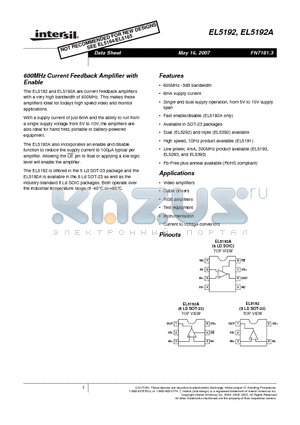 EL5192ACS datasheet - 600MHz Current Feedback Amplifier with Enable