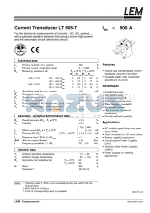 LT505-T datasheet - DC, AC, poulsed.. with a galvanic isolation between the primary circuit (high power) and the secondary circuit (electronic circuit)