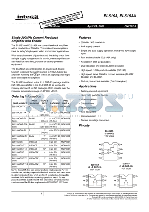 EL5193 datasheet - Single 300MHz Current Feedback Amplifier with Enable