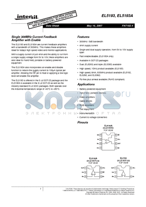 EL5193 datasheet - Single 300MHz Current Feedback Amplifier with Enable