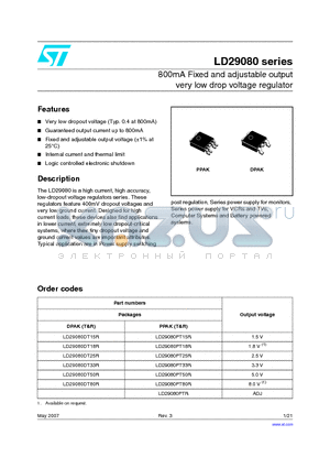 LD29080PTR datasheet - 800mA Fixed and adjustable output very low drop voltage regulatorm