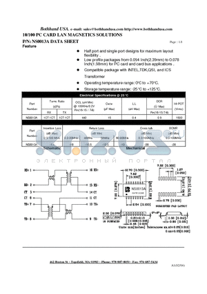 NS0013A datasheet - 10/100 PC CARD LAN MAGNETICS SOLUTIONS