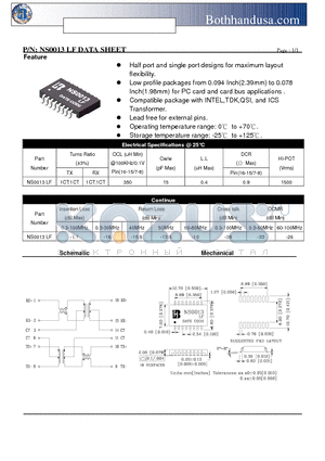 NS0013LF datasheet - 10/100 PC CARD LAN MAGNETICS