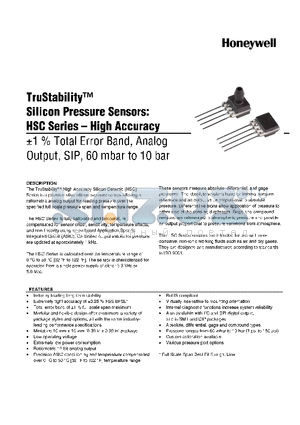 HSCSAAN004BCAB5 datasheet - TruStability silicon Pressure Sensors: HSC Series-High Accuracy -1% total Error band,Analog output,SIP,60 mbar to,10 bar