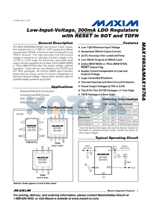 MAX1976AETA datasheet - Low-Input-Voltage, 300mA LDO Regulators with RESET in SOT and TDFN