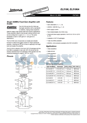 EL5196 datasheet - Single 400MHz Fixed Gain Amplifier with Enable