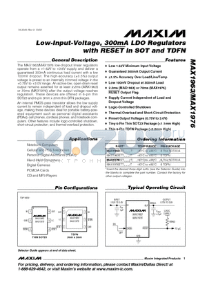 MAX1976 datasheet - Low-Input-Voltage, 300mA LDO Regulators with RESETin SOT and TDFN