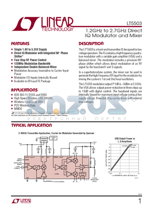 LT5503EFE-PBF datasheet - 1.2GHz to 2.7GHz Direct IQ Modulator and Mixer