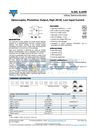 IL4208-X009T datasheet - Optocoupler, Phototriac Output, High dV/dt, Low Input Current