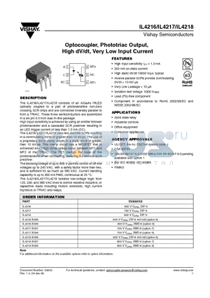 IL4218 datasheet - Optocoupler, Phototriac Output, High dV/dt, Very Low Input Current