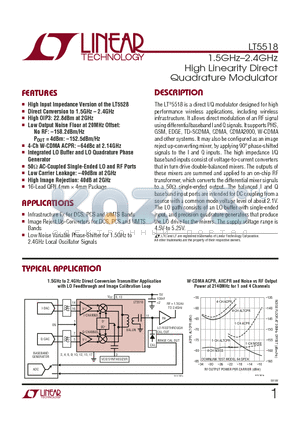 LT5518EUF datasheet - 1.5GHz - 2.4GHz High Linearity Direct Quadrature Modulator