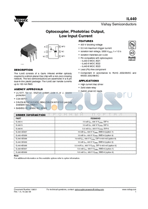 IL440-5X006 datasheet - Optocoupler, Phototriac Output, Low Input Current