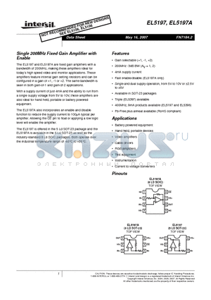 EL5197CW-T7 datasheet - Single 200MHz Fixed Gain Amplifier with Enable