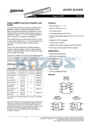 EL5197CW-T7A datasheet - Single 200MHz Fixed Gain Amplifier with Enable