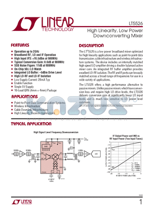 LT5526 datasheet - High Linearity, Low Power Downconverting Mixer