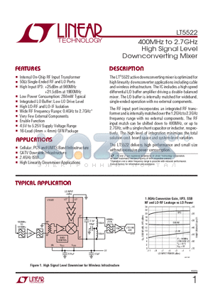 LT5522EUF datasheet - 400MHz to 2.7GHz High Signal Level Downconverting Mixer