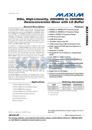 MAX19996AETP+ datasheet - SiGe, High-Linearity, 2000MHz to 3900MHz Downconversion Mixer with LO Buffer