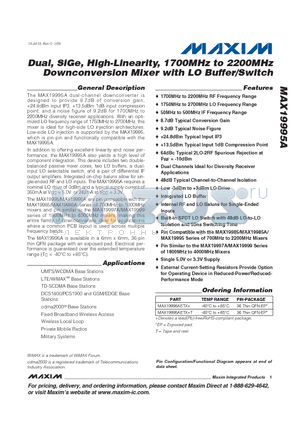 MAX19995A datasheet - Dual, SiGe, High-Linearity, 1700MHz to 2200MHz Downconversion Mixer with LO Buffer/Switch