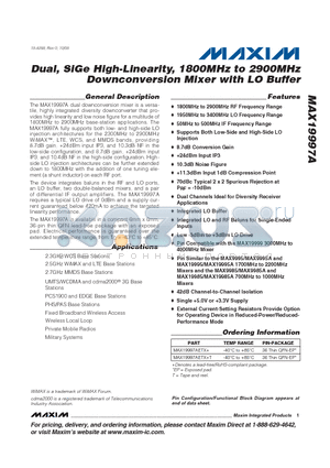 MAX19997A datasheet - Dual, SiGe High-Linearity, 1800MHz to 2900MHz Downconversion Mixer with LO Buffer