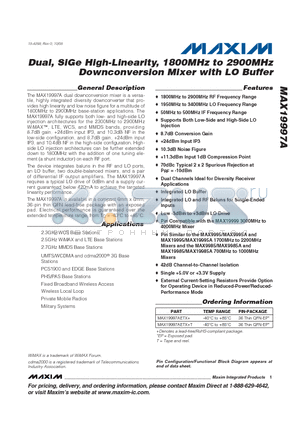 MAX19997AETX+ datasheet - Dual, SiGe High-Linearity, 1800MHz to 2900MHz Downconversion Mixer with LO Buffer
