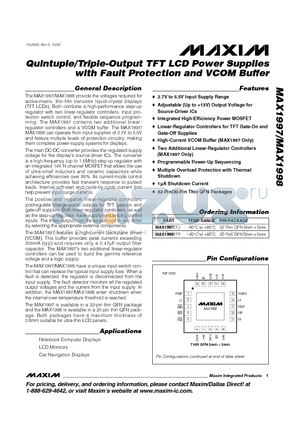 MAX1998ETP datasheet - Quintuple/Triple-Output TFT LCD Power Supplies with Fault Protection and VCOM Buffer