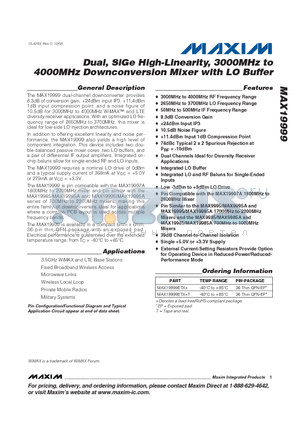 MAX19999 datasheet - Dual, SiGe High-Linearity, 3000MHz to 4000MHz Downconversion Mixer with LO Buffer