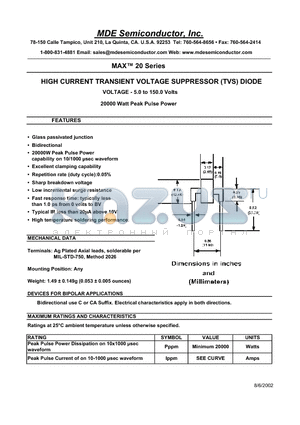 MAX20-15.0C datasheet - HIGH CURRENT TRANSIENT VOLTAGE SUPPRESSOR (TVS) DIODE