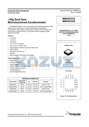 MMA6233Q datasheet - a10g Dual Axis Micromachined Accelerometer
