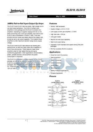 EL5210CSZ-T13 datasheet - 30MHz Rail-to-Rail Input-Output Op Amps