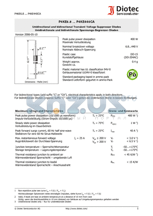 P4KE200A datasheet - Unidirectional and bidirectional Transient Voltage Suppressor Diodes