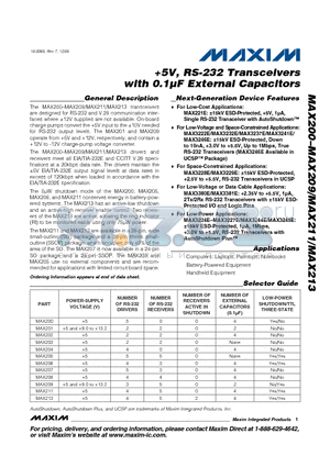 MAX200 datasheet - 5V, RS-232 Transceivers with 0.1lF External Capacitors