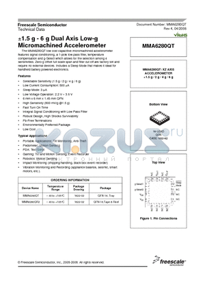 MMA6280QT datasheet - a1.5 g - 6 g Dual Axis Low-g Micromachined Accelerometer