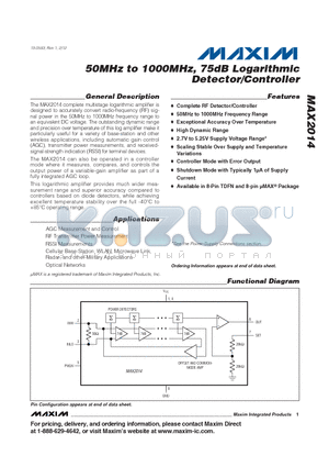 MAX2014 datasheet - 50MHz to 1000MHz, 75dB Logarithmic Detector/Controller