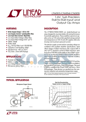 LT6004 datasheet - 1.6V, 1lA Precision Rail-to-Rail Input and Output Op Amps