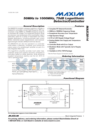MAX2014ETA-T datasheet - 50MHz to 1000MHz, 75dB Logarithmic Detector/Controller