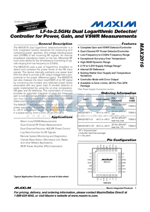 MAX2016ETI datasheet - LF-to-2.5GHz Dual Logarithmic Detector/ Controller for Power, Gain, and VSWR Measurements