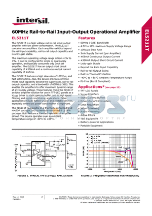 EL5211TIYEZ datasheet - 60MHz Rail-to-Rail Input-Output Operational Amplifier