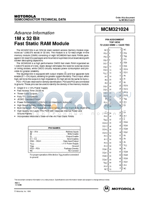 MCM321024 datasheet - 1M x 32 Bit Fast Static RAM Module